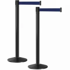 This retractable belt barrier system includes two posts with a 40-inch height and a 10-foot blue belt with no pattern or message. Designed for visual crowd control and area delineation in industrial environments, it helps manage pedestrian traffic and mark restricted zones. The round sloped base provides stability, and the retractable belt allows for easy setup and storage.