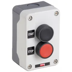 Two-button control station with black operator, Start/Stop legend, and 1NO/1NC contacts. Rated oil- and dust-tight for use in industrial environments requiring reliable start/stop control of machinery.