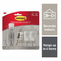 Nickel-finished adhesive-backed hook with 4 lb weight capacity. Each hook has a 1-inch base width and 4 1/32-inch overall height. Suitable for hanging lightweight items such as keys, towels, or small tools indoors without damaging walls