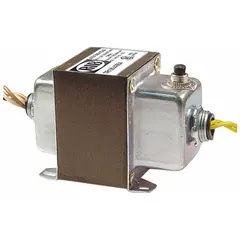 Open-style Class 2 transformer with 120V AC primary and 24V AC secondary, rated 96 VA. Features foot mounting, wire lead connections on both sides, and an integrated circuit breaker for overcurrent protection. Suitable for powering low-voltage control circuits in HVAC, lighting, and automation systems.