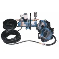 This supplied-air respirator system provides breathable air for two users from a 3/4 hp ambient air pump. The package includes full face mask headgear and is suited for industrial environments where airborne contaminants are present