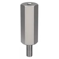 This stainless steel standoff features a #8-32 male thread on one end and a #8-32 female thread on the other, with a hex body and plain finish. It is 2 inches long with a 3/8-inch hex width, supplied in a 10-pack. Used for spacing and mounting components in assemblies such as electrical enclosures, machinery, and rack systems