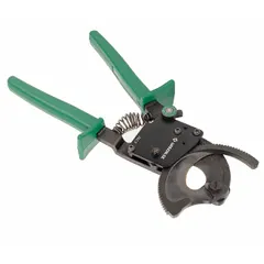 This ratcheting cable cutter features a center cut design and a steel handle. It is intended for cutting aluminum electric cable with a maximum diameter of 750 kcmil. The ratcheting mechanism enables clean cuts with reduced effort, suitable for heavy-duty cable preparation tasks.