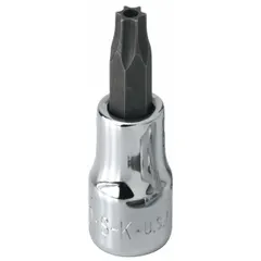 This Security Torx Bit Socket features a T30 tip and 1/4 in drive size, designed for driving tamper-resistant Torx fasteners. The replaceable insert allows the bit to be swapped when worn. Suitable for precision assembly and repair tasks where standard Torx bits cannot engage.