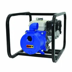 Engine-driven trash pump with 2 in FNPT inlet and outlet ports, delivering 180 gpm flow rate at 20 ft. of head. Features a cast iron volute, recoil-start ignition, and a heavy-duty steel roll frame. Suitable for dewatering applications handling solids-laden water, mud, and debris.