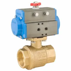 This BONOMI pneumatically-actuated two-way ball valve features a 3-inch brass body with FNPT x FNPT connections and a full-port ball. It operates with a 110V AC pilot solenoid for remote on/off flow control. Suitable for use in industrial piping systems handling water, oil, or gas.