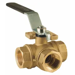This three-way ball valve features an L flow pattern for diverting or mixing flow in piping systems. Constructed of brass with FNPT connections and a lever handle, it is suited for applications such as water treatment, chemical processing, and HVAC systems.