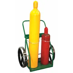 Side-by-side hand truck for transporting two welding cylinders. Green finish with chain for securing cylinders. Nose plate measures 24 in wide by 13 in deep. Used in industrial settings for moving compressed gas cylinders.