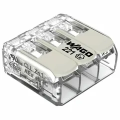 The WAGO 221-683 is a 3-port compact lever wire connector from the 221 Ex series, accepting solid wire sizes from 20 AWG to 10 AWG. Rated at 30 A and 440 V, it enables tool-free clamping and release of conductors. Suitable for use in junction boxes, control panels, and lighting systems for power distribution and signal wiring.