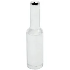 This 1/4" drive hand socket features a 5 mm metric size with a 6-point deep design for accessing recessed fasteners. The chrome finish provides corrosion resistance. Overall length is 2 inches. Suitable for tightening or loosening metric fasteners in automotive, machinery, and general maintenance applications.