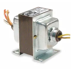 Open Class 2 transformer with 40 VA rating, inherently limited. Input 277V AC, output 24V AC. Foot mounting, wire lead connections on primary and secondary. Suitable for supplying low-voltage power to control circuits, relays, and automation devices in commercial and industrial installations.