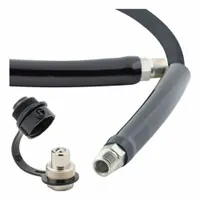 This hydraulic hose assembly features a 3/8 in inner diameter, 6 ft length, and NPTF fittings (3/8 in x 3/8 in). The black rubber hose tube is suited for fluid transfer in hydraulic systems such as presses, lifts, and machine tools