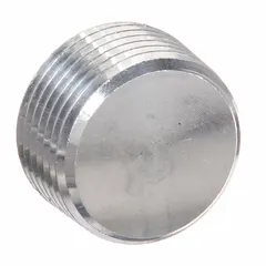 Aluminum blank plug with plain finish for sealing unused openings in hazardous location enclosures. Features 1 1/2 in trade size, NPT threads, and male-to-male configuration for hub or taped hole applications. Suitable for use in environments requiring explosion-proof sealing.