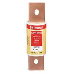 Class J bolt-on fuse rated 225 A at 600 V AC. Fast-acting, non-indicating design for overcurrent protection in industrial electrical systems such as motor control centers, panelboards, and switchgear.
