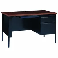 Rectangular office desk with a walnut particle board desktop and a walnut steel frame. Includes one pedestal with three drawers and a modesty panel. Overall width 48 inches. Suitable for general office and administrative workspaces