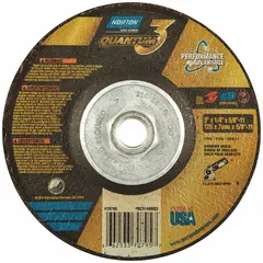 Depressed center grinding wheel for carbon and stainless steel. Features 20 grit ceramic Quantum 3 SG abrasive for cool cutting action. Dimensions: 5" diameter, 1/4" thickness, 5/8"-11 arbor. Type 27 shape. Part number 66253370795.