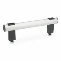 Front-mount straight-leg tubular pull handle with 12 in mounting hole center-to-center distance. Silver bar with black polyamide legs, threaded holes for 5/16"-18 screws. Suitable for industrial enclosures, machinery doors, and heavy-duty access panels requiring a rated pull handle
