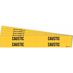 Yellow adhesive pipe marker with black 'Caustic' legend for identifying pipes carrying caustic substances. Fits pipe outer diameters from 3/4 to 2-3/8 inches. Pack includes 4 markers without arrows, sold as a 5-pack. Suitable for industrial pipe labeling applications.