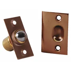 Brass ball-type grab catch with pull opening action. Measures 1 3/8 in height and 1 in width. Used to secure cabinet doors, cupboards, or light-duty gates.