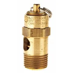 Brass pneumatic safety valve with silicone soft seat. 3/8 in male NPT inlet, preset to 100 psi. Used to protect compressed air systems from overpressure on air receivers, compressors, and pneumatic lines.