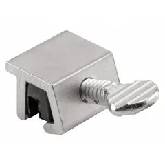 This non-handed clamp lock is designed for sliding windows and mounts on the sash. It includes a handle and features a silver mill finish with an overall length of 15/32 inches. Suitable for residential or commercial sliding window applications.