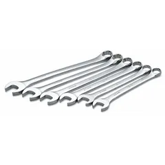 This 6-piece metric 12-point combination wrench set features a chrome finish and a 15° head offset angle. The wrenches are constructed from alloy steel. Typical applications include automotive repair, industrial maintenance, and mechanical assembly where access to fasteners in confined spaces is required.