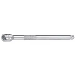 This 6-inch flex and wobble hand socket extension features a 1/4 in input and output drive size. It is constructed with a chrome finish for corrosion resistance. Suitable for accessing fasteners in tight or offset spaces where a straight extension cannot reach, commonly used in automotive repair, machinery maintenance, and assembly work.