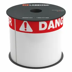 Red Danger OSHA header supply precut label roll for industrial safety signage. Each label measures 6 in x 4 in, supplied on a 4 in x 150 ft roll. Features acrylic adhesive material. Compatible with LabelTac Pro X printer.