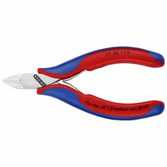 ESD-safe flush-cut pliers with pointed jaws for precision cutting of soft wire and component leads. Overall length 4 1/2 in, jaw length 1/2 in, jaw width 1/2 in. Suitable for electronics assembly and repair in static-sensitive environments.