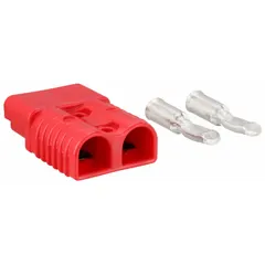This plug-in connector from WESTWARD is rated for 150A maximum current and accepts 1/0 gauge wire. The red housing facilitates quick identification in high-current electrical systems. Typical applications include battery banks, welding equipment, and heavy machinery power distribution.
