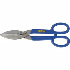 Straight-cut tinner snips with cold rolled steel blade, rated for cutting 26 ga stainless steel. Overall length 10 in, cutting length 2 in. Handles constructed of steel and plastic. Suitable for cutting sheet metal in HVAC, roofing, and metal fabrication applications.