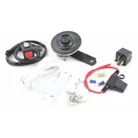 This FIAMM electric horn operates on 12V DC and produces a low tone audible warning signal. It is finished in black with an unfinished surface, measures 2-1/2 inches in length, and includes a 10 ft wire for installation. Designed for use on motorcycles