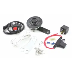 This FIAMM electric horn operates on 12V DC and produces a low tone audible warning signal. It is finished in black with an unfinished surface, measures 2-1/2 inches in length, and includes a 10 ft wire for installation. Designed for use on motorcycles.