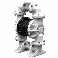 This air-operated double diaphragm pump features a stainless steel housing with 2-inch flange connections, delivering up to 200 gpm. Wetted components include PTFE seats, PTFE check valves, and PTFE diaphragms with Santoprene backing, suitable for handling corrosive or abrasive fluids in industrial applications.