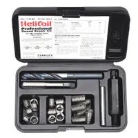 This kit includes 18-8 stainless steel helical inserts and a matching STI tap for repairing damaged 7/16"-20 fine threads in metal components. The free-running inserts are plain finish and right-hand threaded. Suitable for restoring thread integrity in automotive, industrial, and general maintenance applications