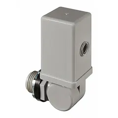 This adjustable stem-mounted photocell features a swivel arm for precise positioning. It includes a conduit mount and has a 1/2-inch stem diameter. The SPST switch operates on 105-305V AC, making it suitable for automatic outdoor lighting control such as dusk-to-dawn operation.
