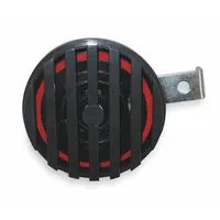 High-tone electric horn operating at 24V DC with a maximum sound level of 114 dB. Features a black enamel finish and includes a zinc-plated L-mounting bracket. Designed for use on material handling equipment such as forklifts and industrial vehicles