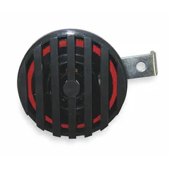 High-tone electric horn operating at 24V DC with a maximum sound level of 114 dB. Features a black enamel finish and includes a zinc-plated L-mounting bracket. Designed for use on material handling equipment such as forklifts and industrial vehicles.