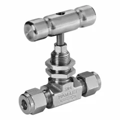 This straight-body needle valve features a 316 stainless steel construction with integral bonnet and V-stem for precise flow control of liquid media. It is equipped with Let-Lok connections on both sides and a metal tee handle. Compliant with ISO 15848-1, it is suitable for use in industrial piping systems requiring reliable shut-off and regulation.