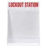 This unfilled lockout station is a wall-mounted board made of polystyrene with an open-front cover and board-only visibility. It includes six key hooks for organizing small lockout devices (1-20 devices). Suitable for use in industrial facilities to store padlocks and hasps during lockout/tagout procedures