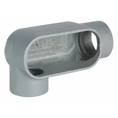 Iron LR 90° elbow conduit outlet body with 3 in trade size and 131.5 cu in capacity. Features powder-coated finish, threaded hubs with set screw hubs. Part of Duraloy 7 series for use with RMC. Provides pull point or access for wire pulling in conduit systems.