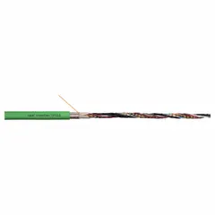 This servo motor feedback cable features (4) shielded twisted pair 24 AWG and (2) pair 20 AWG conductors in a green jacket. It is sold by the foot and has a minimum bend radius factor of 4 x OD for fixed installations and 6 x OD for flexible applications. Suitable for transmitting encoder or resolver signals in motion control systems requiring continuous flexing.