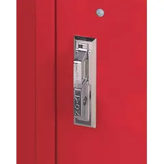 This locker handle housing is a replacement component for Lyon LLC brand lockers. It houses the handle mechanism, enabling secure latching and operation of the locker door. Used in industrial and commercial locker systems.