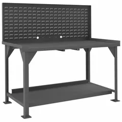 Fixed-height steel workbench with louvered panel and lower shelf, measuring 72 x 30 inches in gray. Supports an overall load capacity of 4,000 lb. Suitable for heavy-duty assembly, maintenance, and repair tasks in industrial environments.