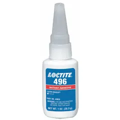 LOCTITE 496 is a clear, thin-liquid instant adhesive formulated for bonding metal substrates. It also bonds rubber and is suitable for industrial assembly applications requiring fast fixturing. This 1 fl oz bottle has a VOC content of 50 g/L and under, complying with 29 CFR 1910.1200 standards.