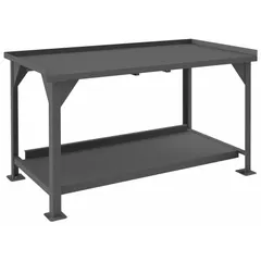 This fixed-height steel workbench features a 60 in x 30 in work surface and a lower shelf for storage. It supports an overall load capacity of 4,000 lb. Suitable for heavy-duty assembly, maintenance, and repair tasks in industrial workshops and warehouses.
