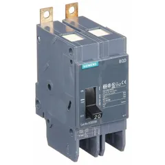 The SIEMENS BQD220 is a 2-pole bolt-on miniature circuit breaker rated 20 A at 480V AC. It provides overcurrent protection for branch circuits in electrical distribution systems. Suitable for use in panelboards and load centers.