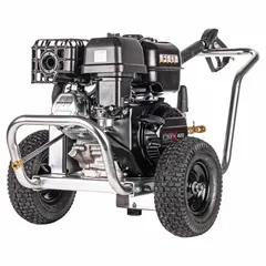 Cart-mounted cold water pressure washer delivering 4,400 psi at 4 gpm with a 420 cc engine displacement. Suitable for medium-duty cleaning tasks such as removing dirt, grease, and grime from concrete surfaces, machinery, and vehicles in construction, agricultural, and industrial settings.