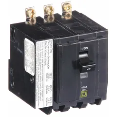 Bolt-on miniature circuit breaker rated 40 A, three-phase, 120/240V AC with a maximum interrupting rating of 10 kA at 120/240V AC. Provides overcurrent protection in electrical distribution systems for use with Square D NQOD panelboards.
