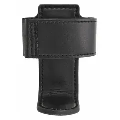 This duty equipment pouch is constructed from black synthetic leather with a plain finish. It measures 5 1/2 inches by 2 5/8 inches and accommodates belts up to 2 1/4 inches wide. Designed for carrying communication devices such as radios and phones, it is suitable for security and field personnel requiring hands-free access.